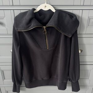 Varley Black Zip-Front Funnel Neck Sweater